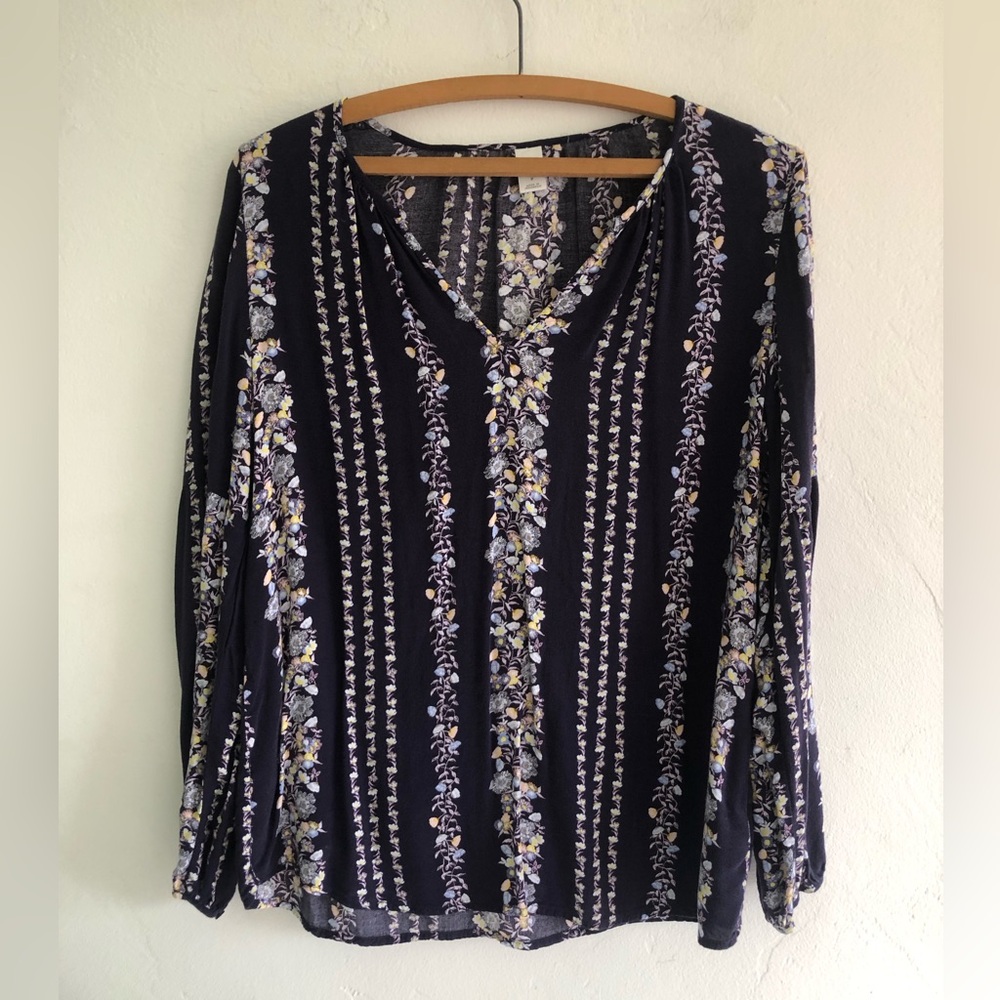 Old Navy Blouse Women Size Small  Navy Floral Cottagecore Peasant Long Sleeve